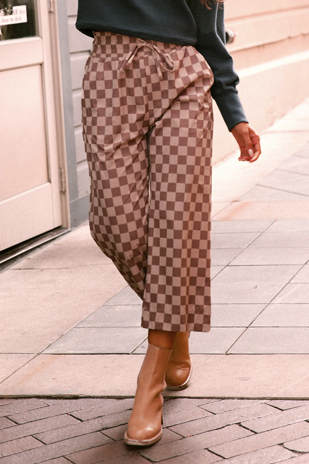 Khaki Checkered Elastic High Waist Loose Casual Pants