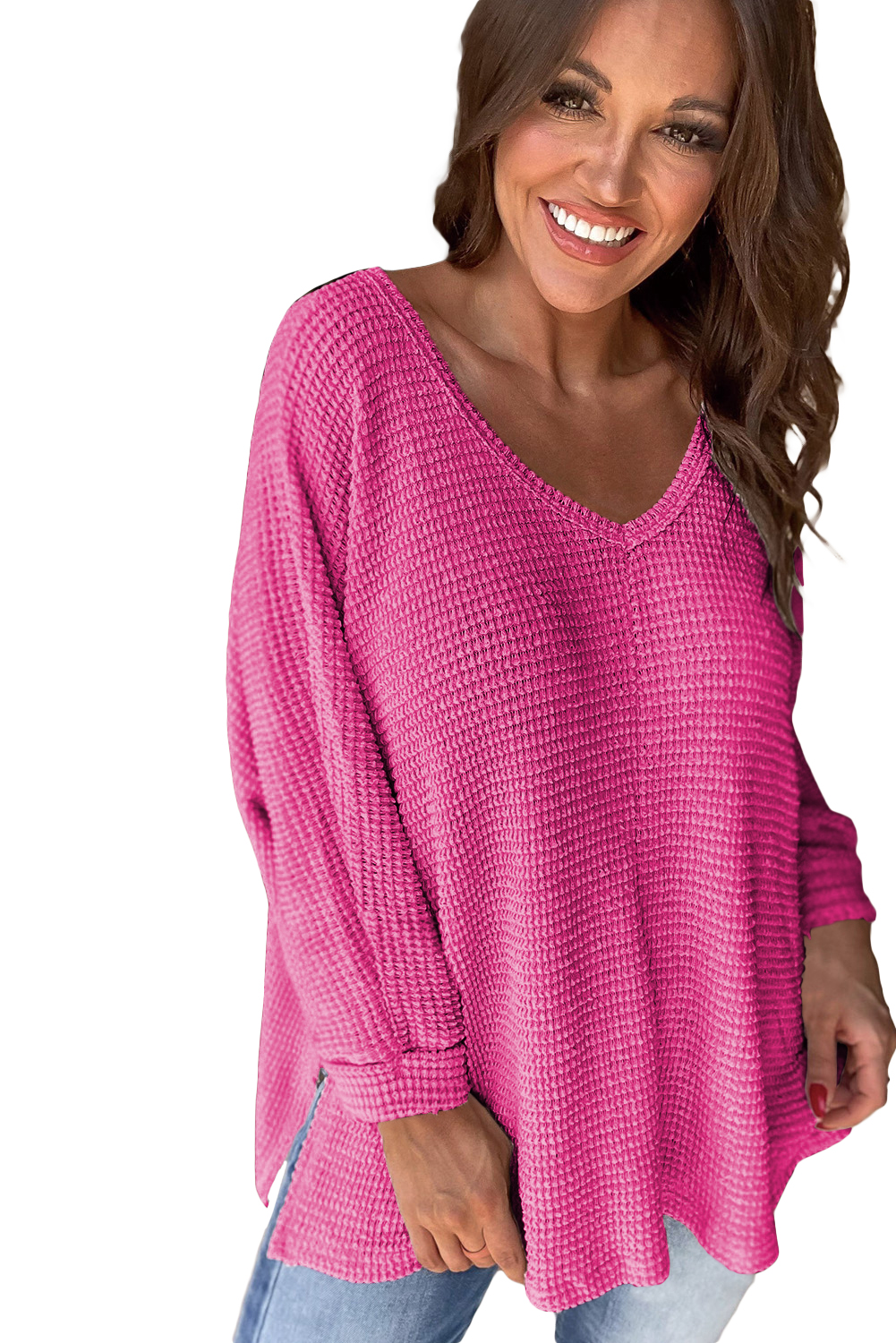 White Waffle Knit Side Slits Loose Fit V Neck Top