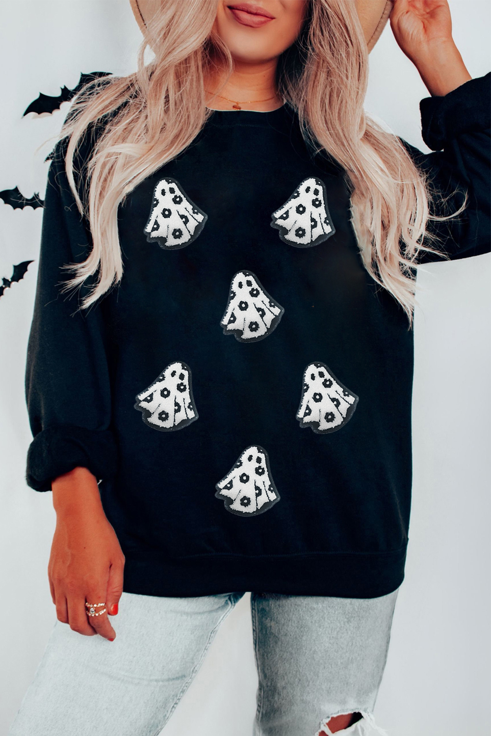 Wisteria Glitter Trim Chenille Ghost Patched Halloween Graphic Tee