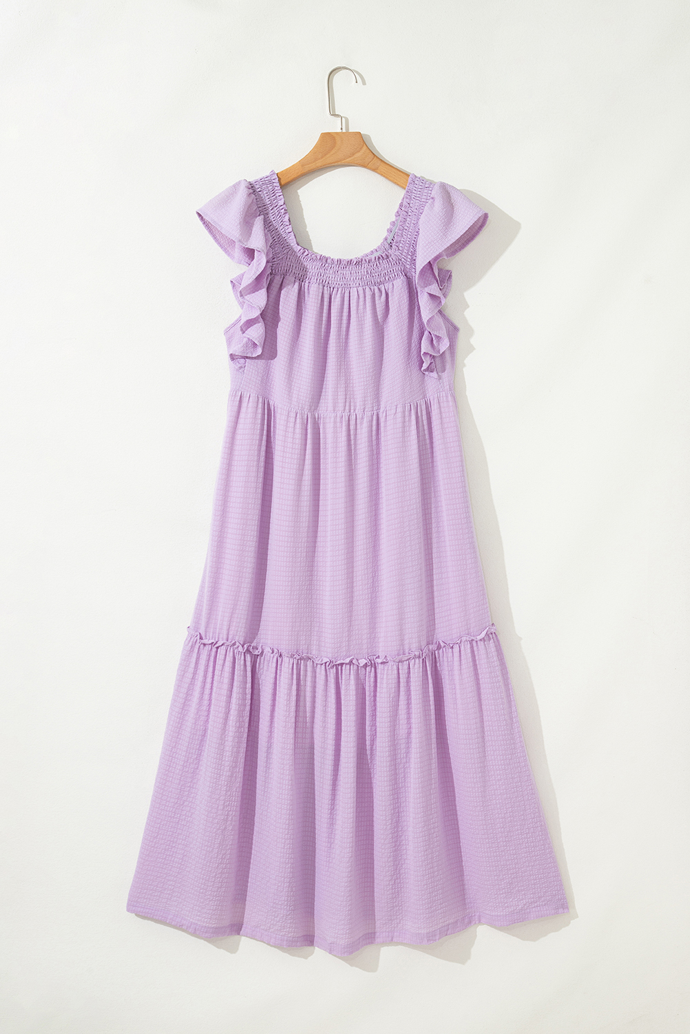 Sky Blue Ruffled Flutter Sleeve Square Neck Textured Tiered Maxi Dress