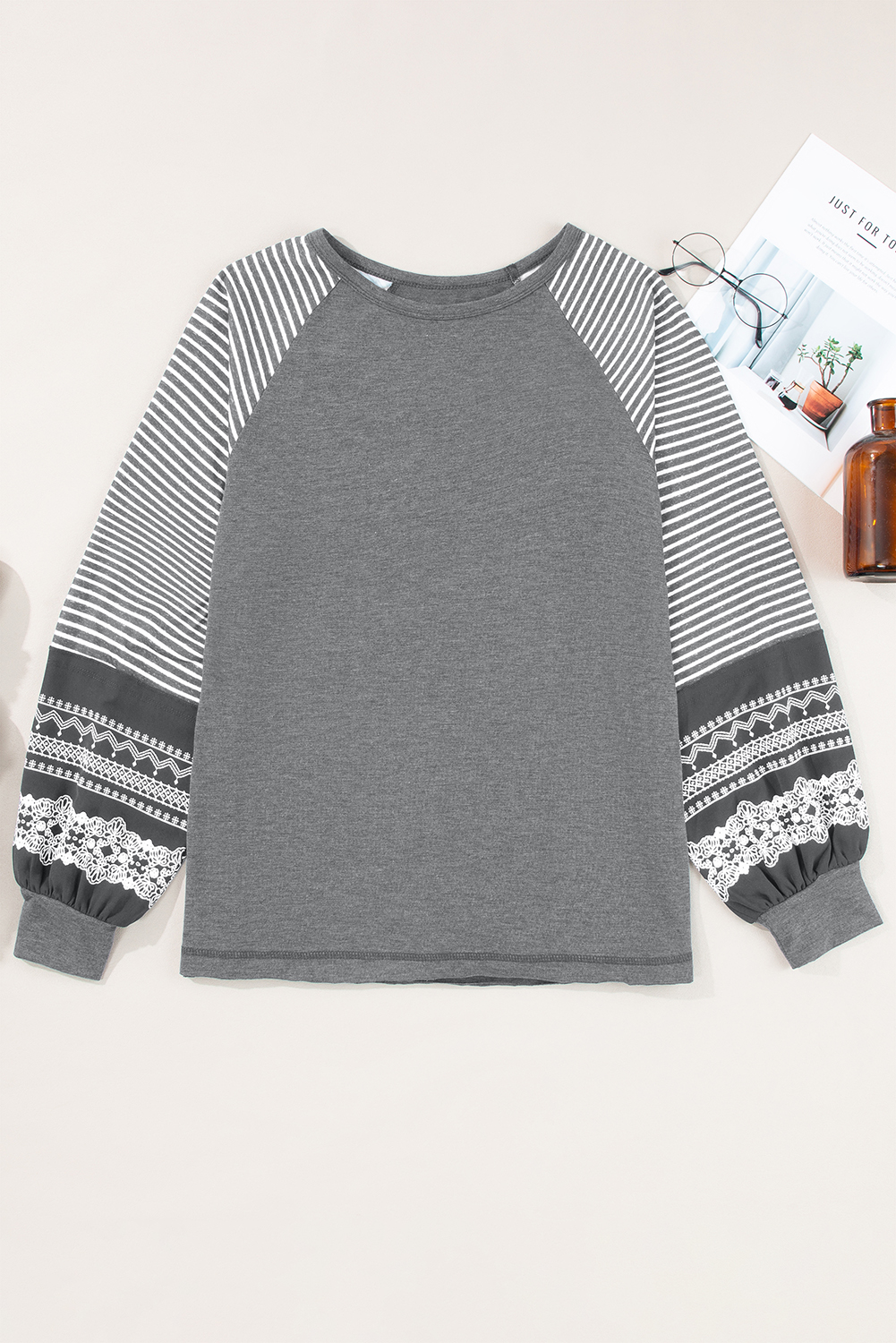 Tillandsia Purple Contrast Print Striped Raglan Long Sleeve Loose Top