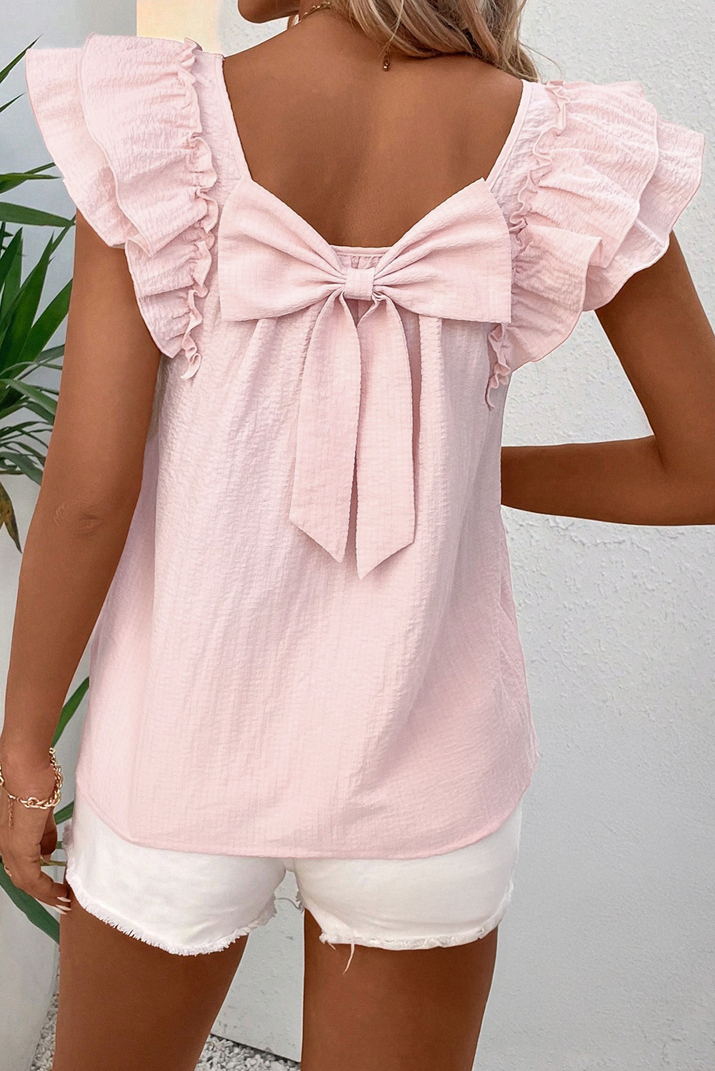 Beau Blue Textured Bow Knot Frilled Butterfly Sleeve Blouse