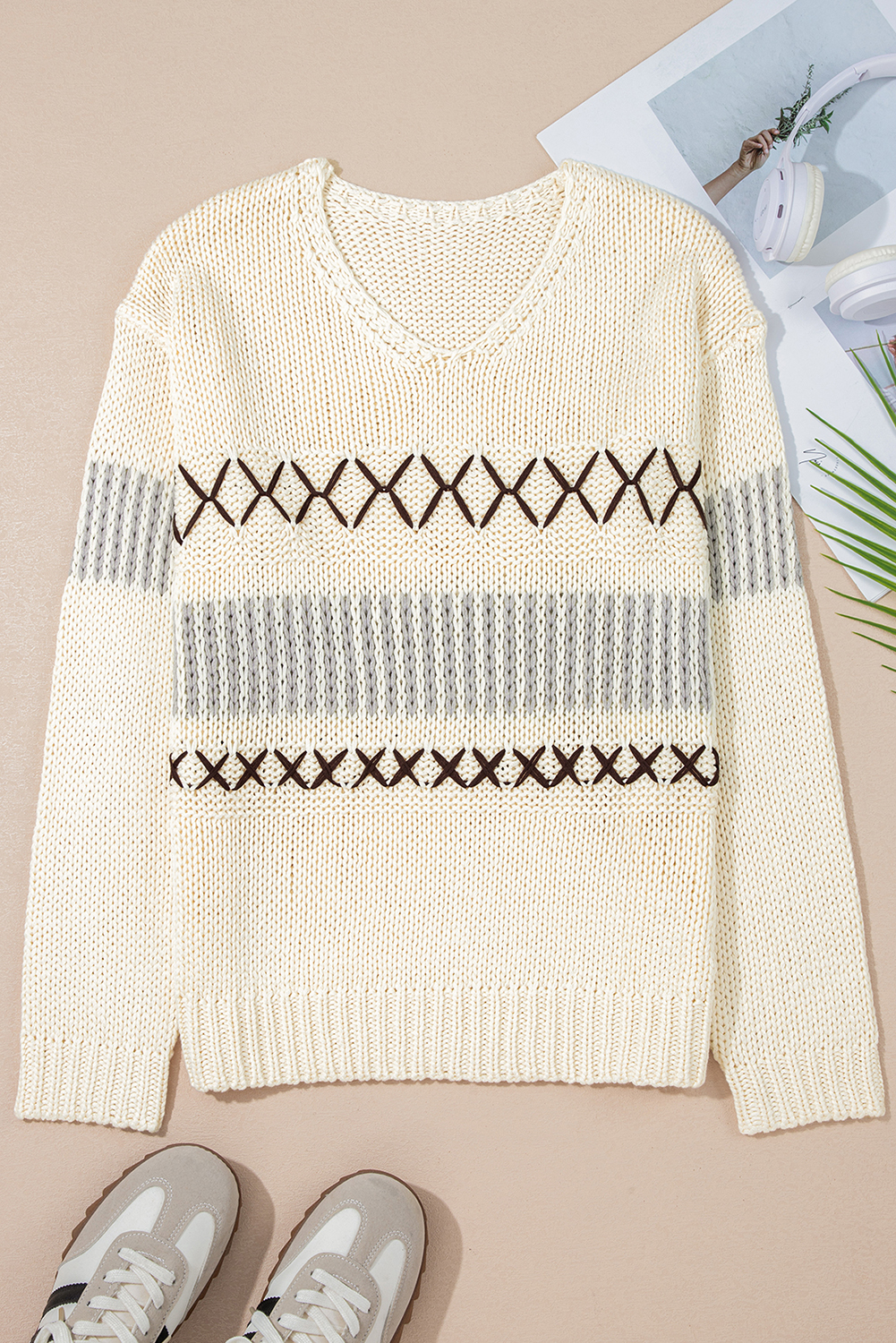 Parchment Contrast Stitch Detail V Neck Drop Shoulder Sweater