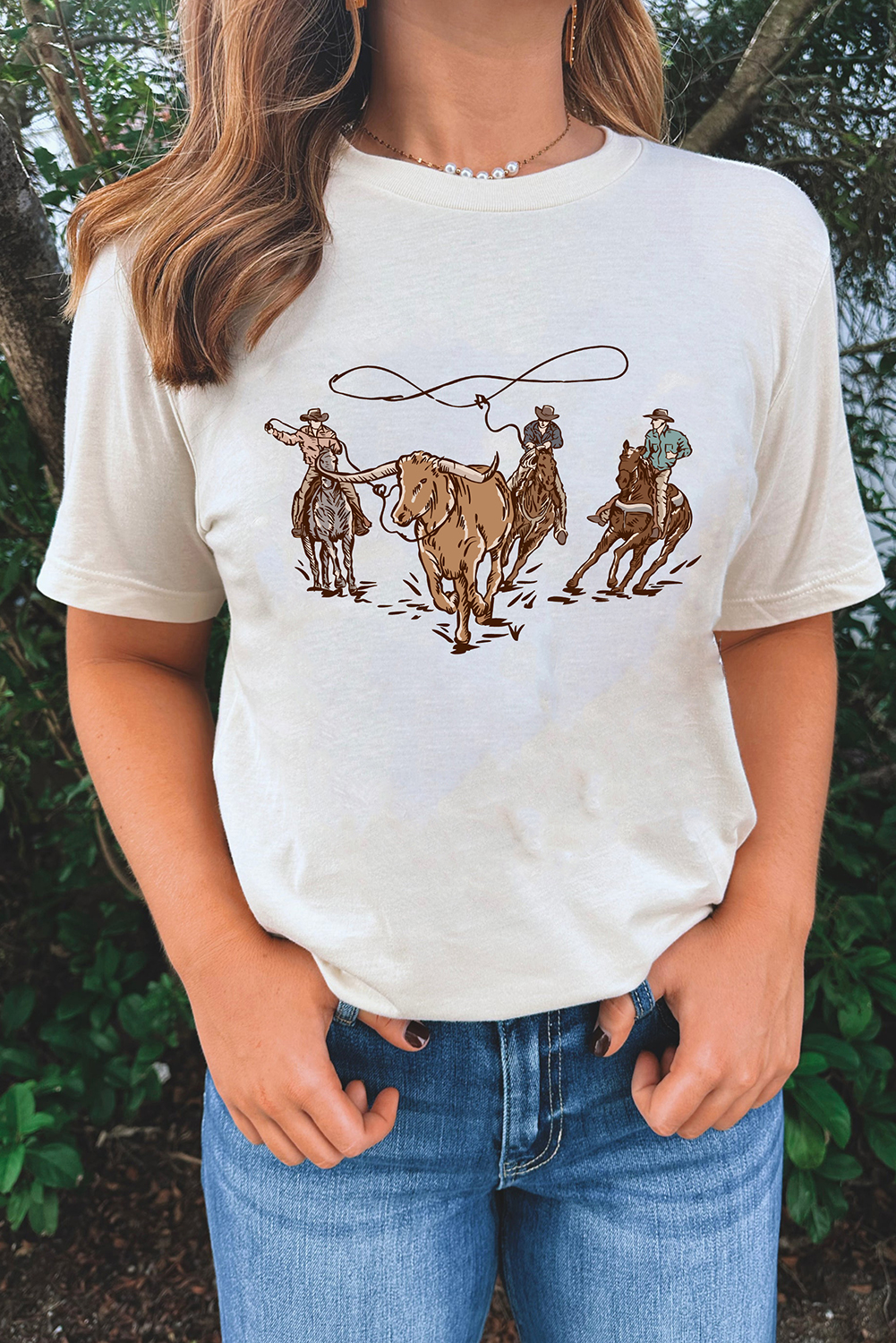 White Retro Cowboy Roping Cotton Blend Graphic Tee