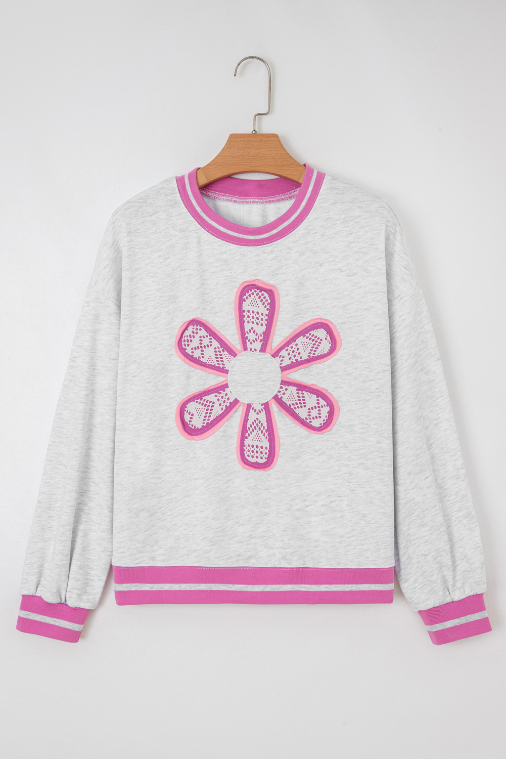 Gray Flower Patch Contrast Trim Crew Neck Sweatshirt