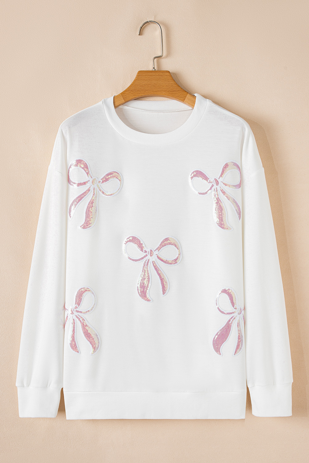 Beige Bow Valentine Drop Shoulder Loose Sweatshirt