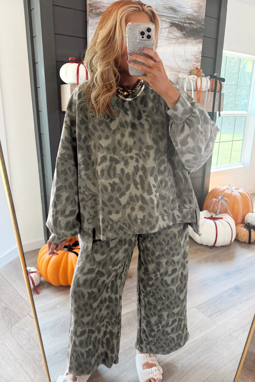 Brown Leopard Loose Tee Drawstring Waist Barrel Pants Set