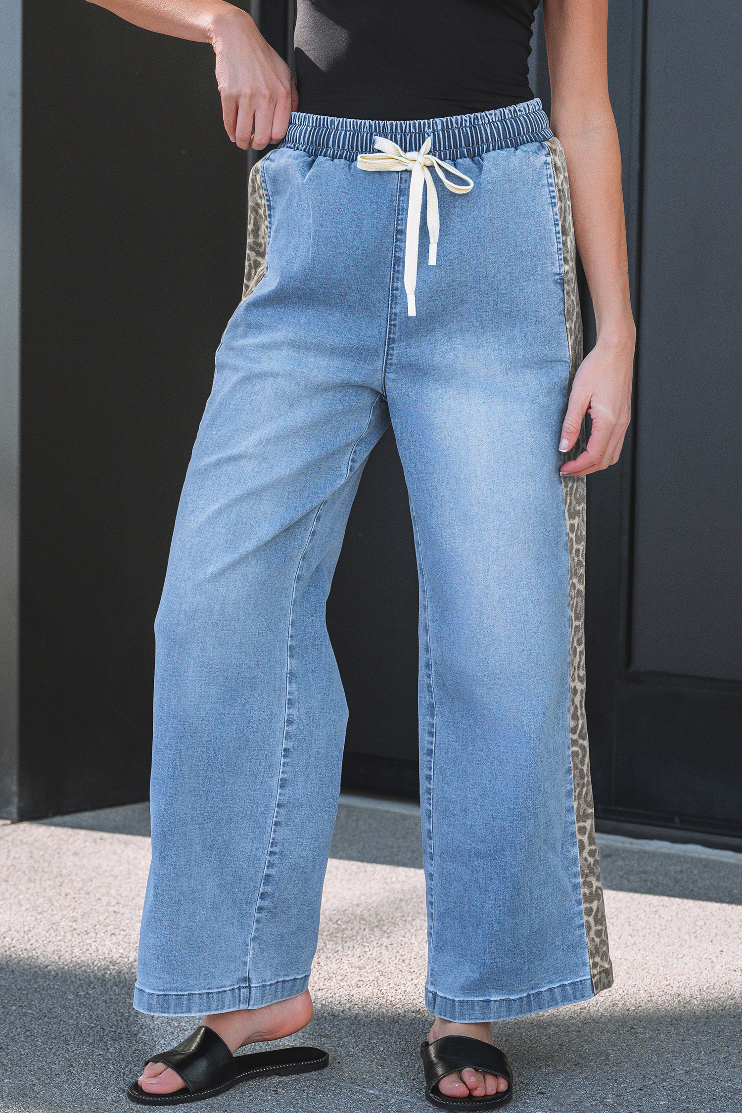 Beau Blue Drawstring Elastic Waist Leopard Striped Side Panel Wide Leg Jeans