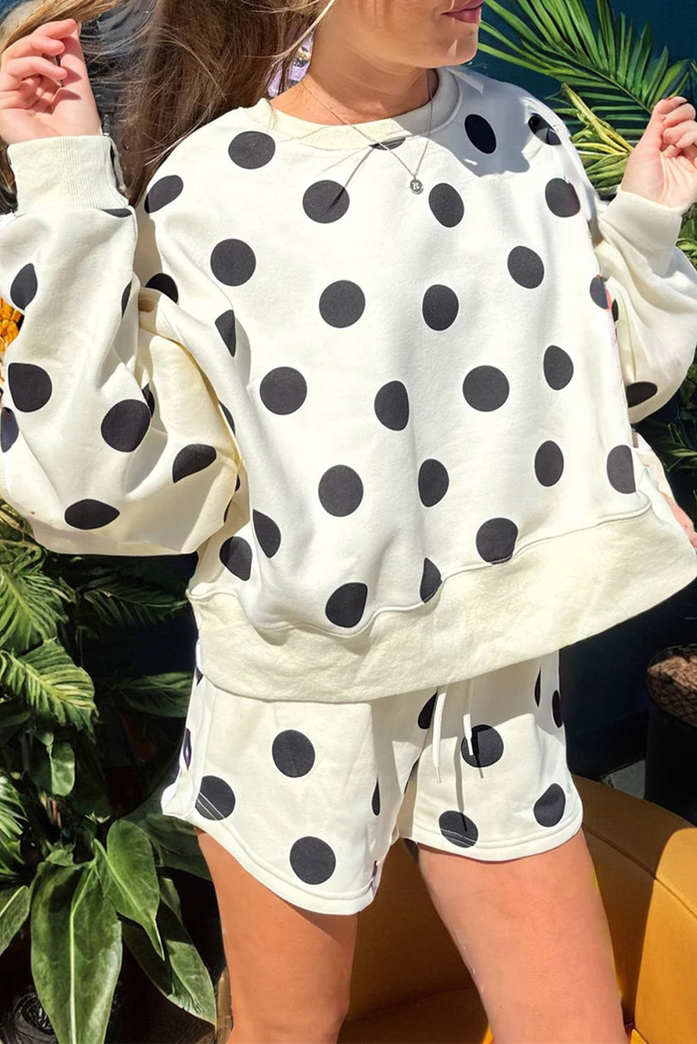 Beige Polka Dot Print Drop Shoulder Pullover Drawstring Jogger Pant Set