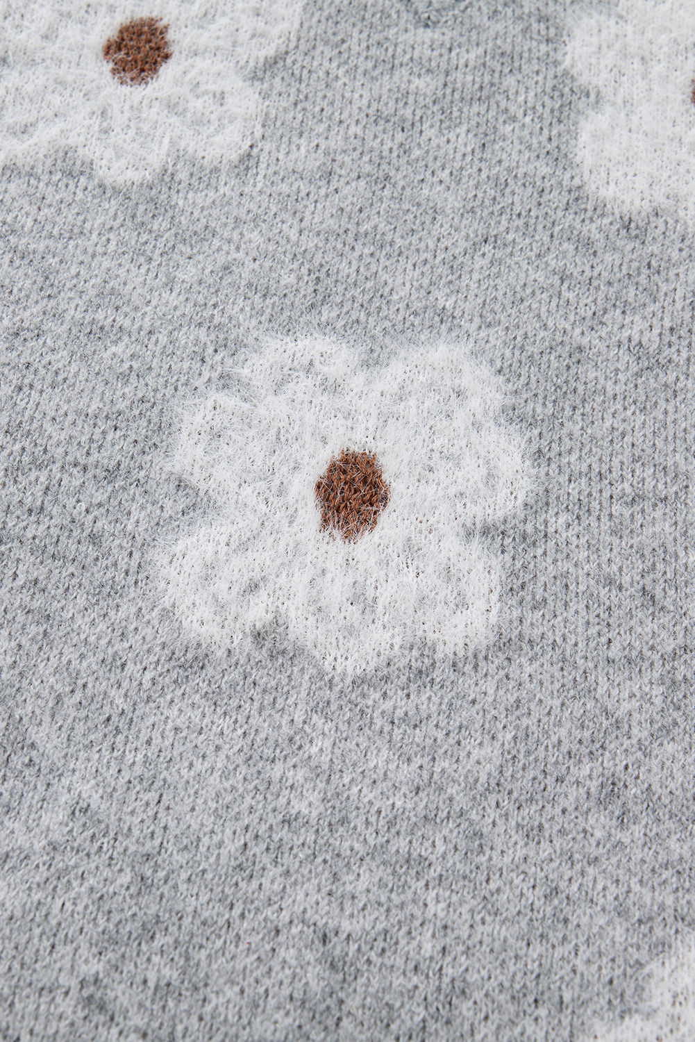 Gray Cute Flower Print V Neck Drop Shoulder Baggy Sweater