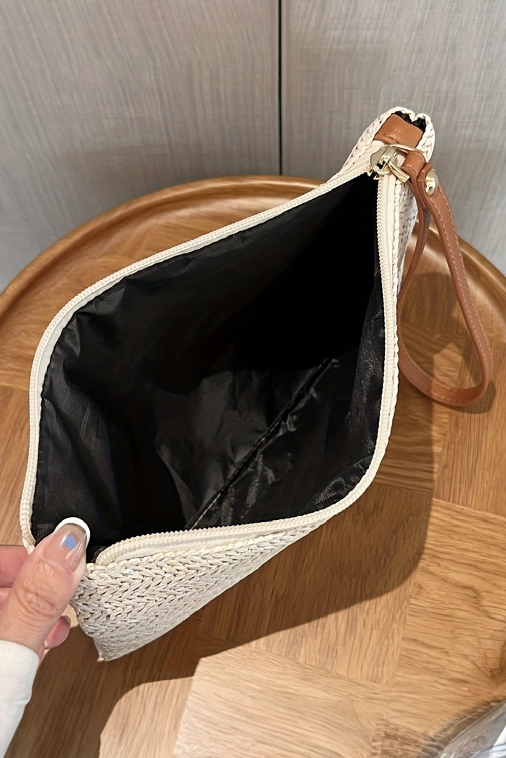 Oatmeal Straw Woven Wrist Strap Zipper Large Wallet