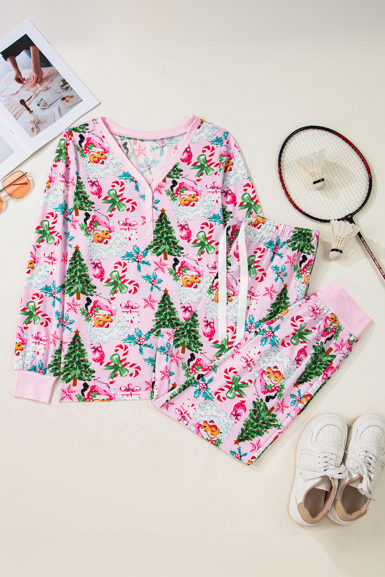 White Christmas Pattern Button V Neck Pullover Drawstring Pants 2pcs Lounge Set