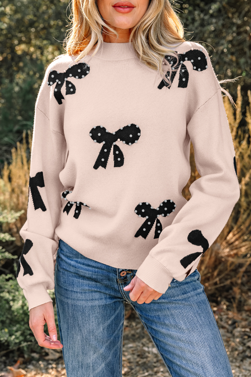 Bright Pink Pearl Embellished Bow Pattern Loose Sweater