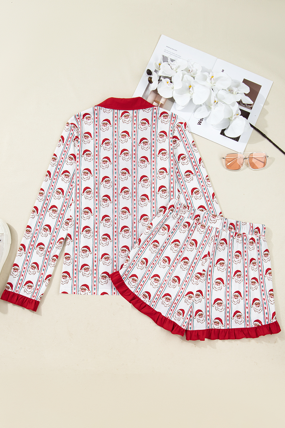 White Santa & Stripes Ruffle PJ Set