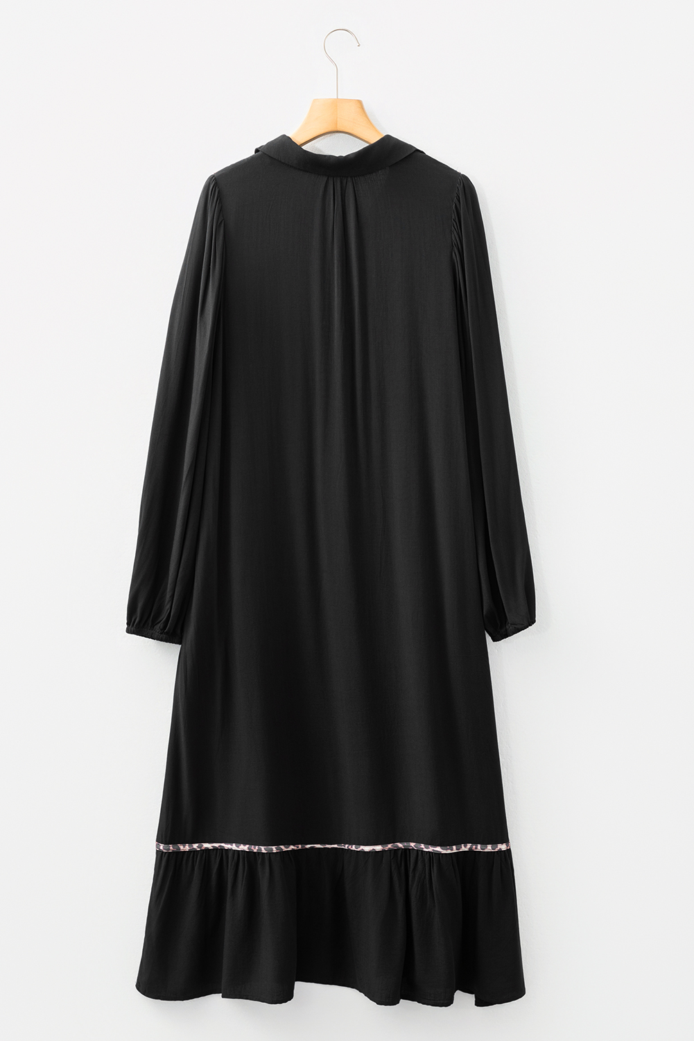 Four Leaf Clover Collared V Neck Smocked Detail Contrast Leopard Trim Bracelet Sleeve Long Dress