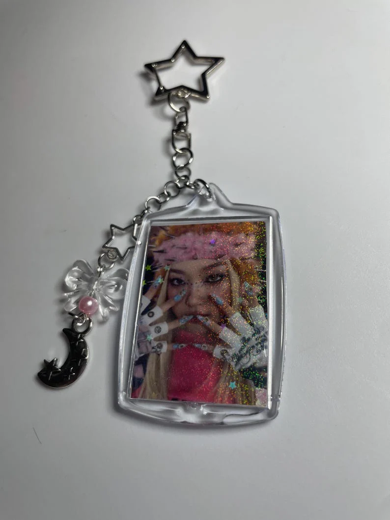 KATSEYE Kpop Bag Charm - Framed Double Sided Keychain with Silver Moon Charm and Silver Clasp - KATSEYE MERCH​