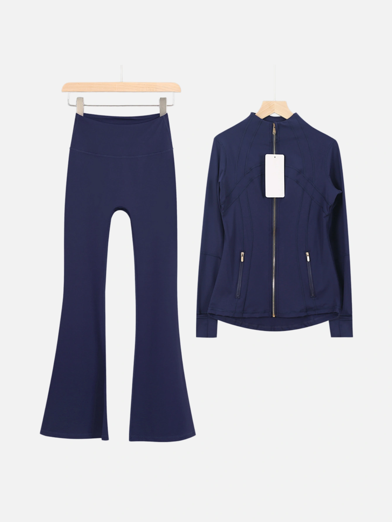 Women Luxury Gold Zipper Yoga Tracksuit Set, Slim Stand Collar Zip Up Jacket & High Waist Flare Leggings 2 Piece Matching Activewear Outfit with Zip Pockets - Lulualo