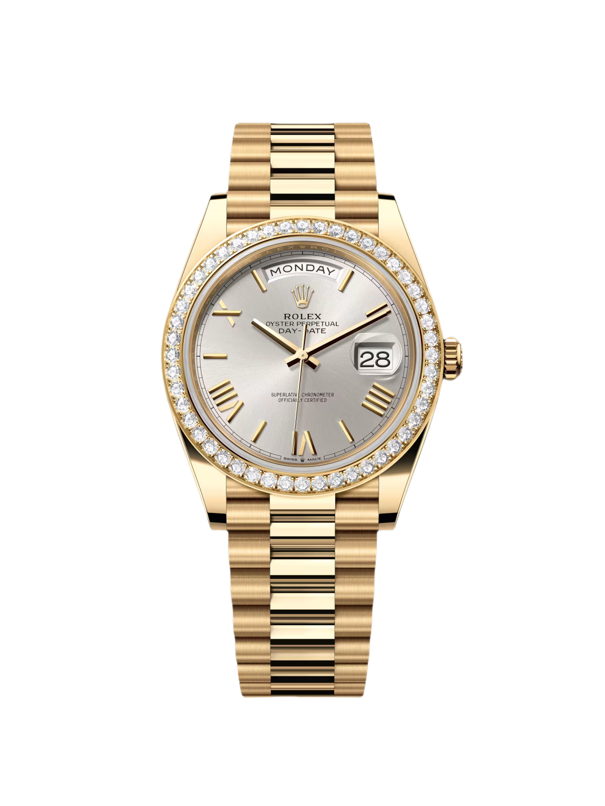 【Super Clone】RLX Day-Date 40mm Silver Roman Dial and Diamond Bezel Yellow Gold President Bracelet 228348RBR-0007