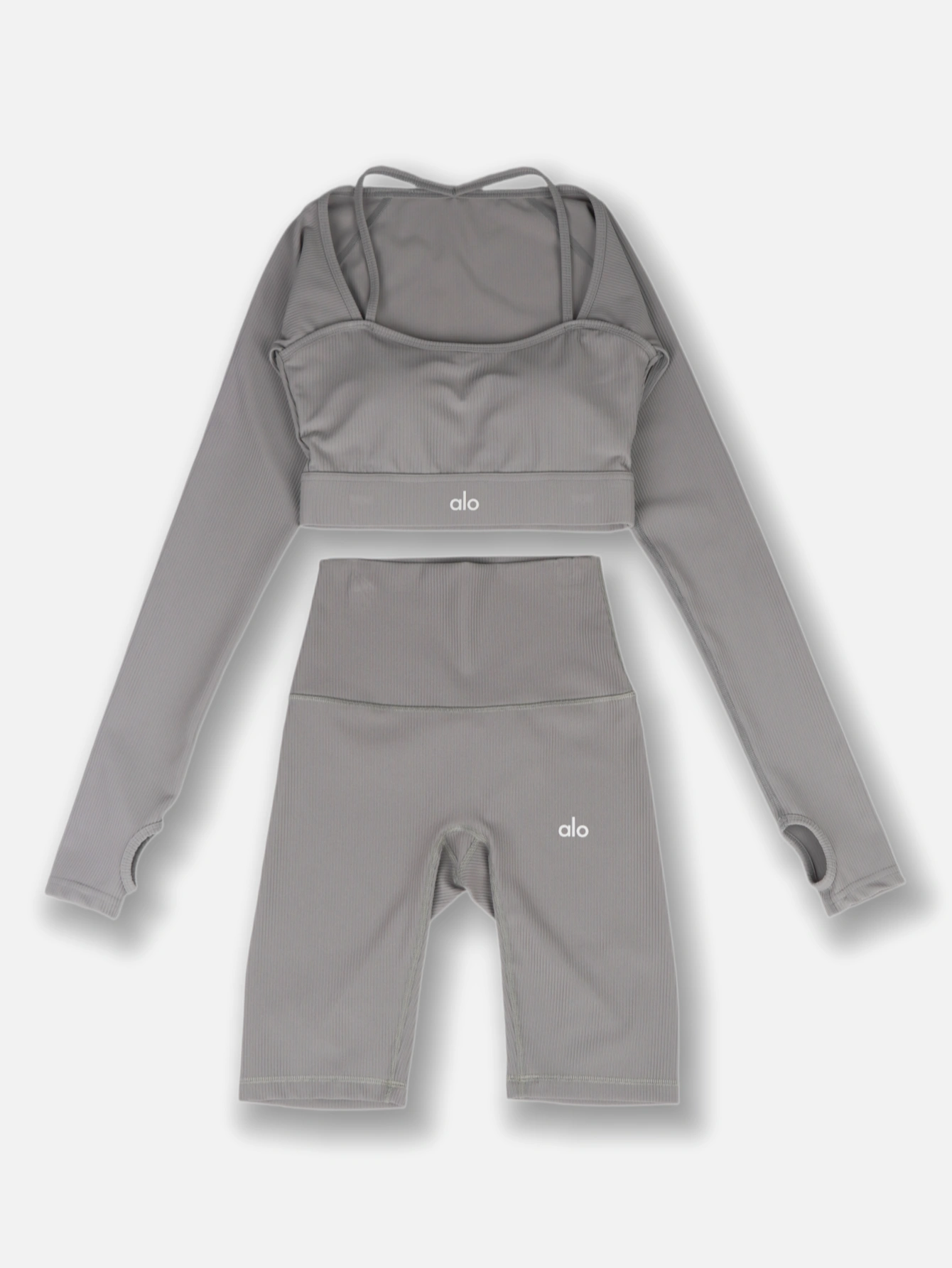Women Ribbed Workout Outfit, Long Sleeve Thumb Hole Shrug Cami Sports Bra & High Waist Biker Shorts Yoga Set - Lulualo