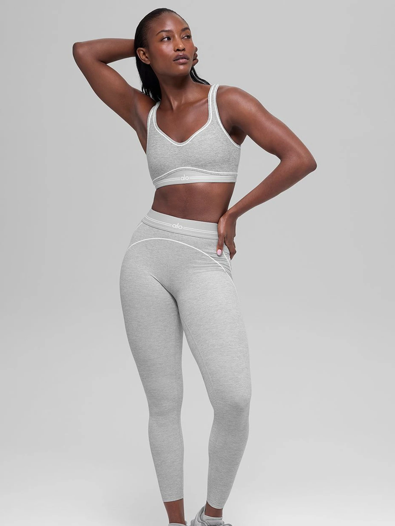Alo Alosoft Heart Throb Bra & High-Waist Heart Throb Legging Set - Athletic Heather Grey/White | US Warehouse - Lulualo