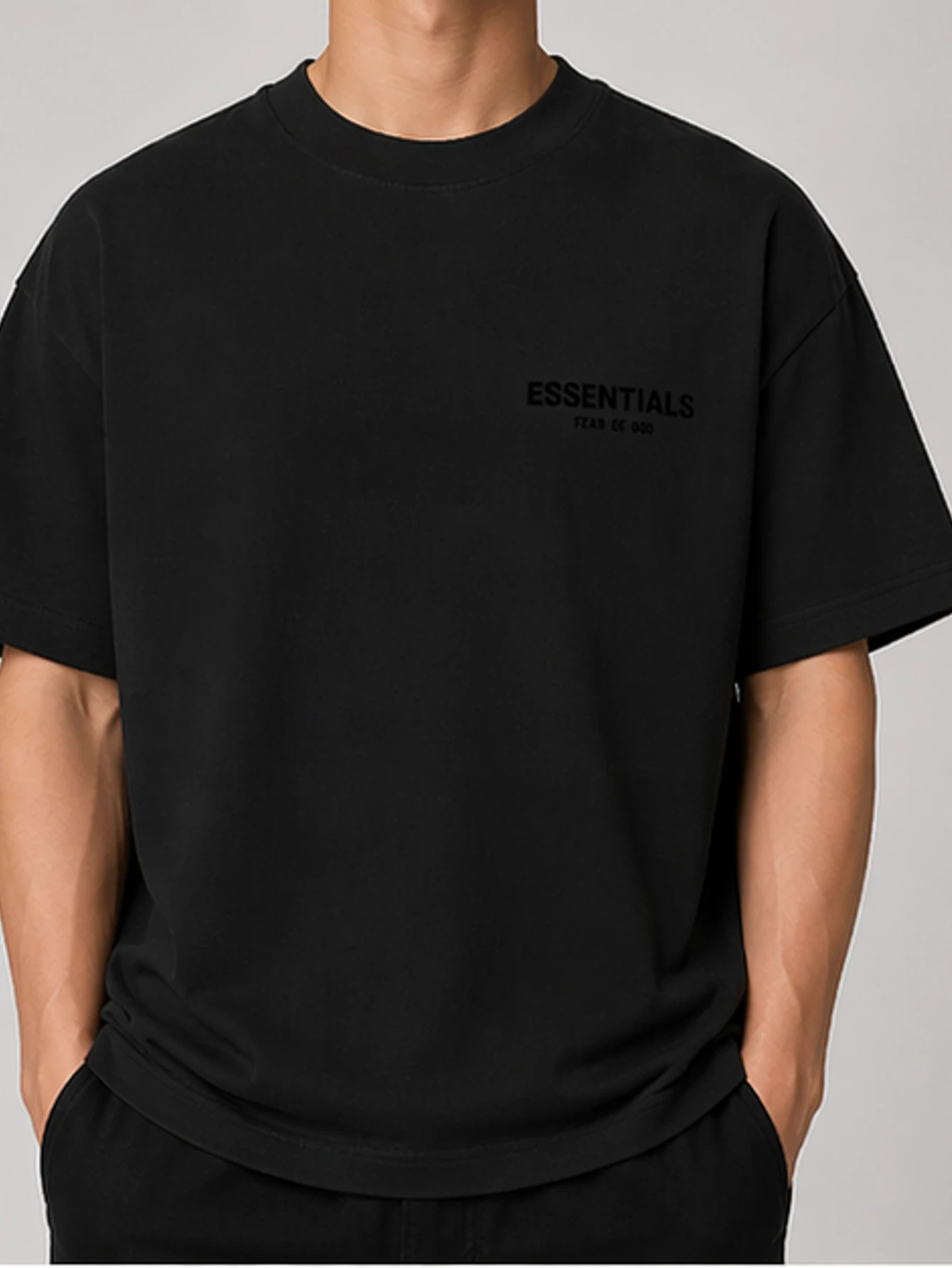 Essentials Washed Black Double-Row Flocked T-Shirt | US Warehouse - Lulualo