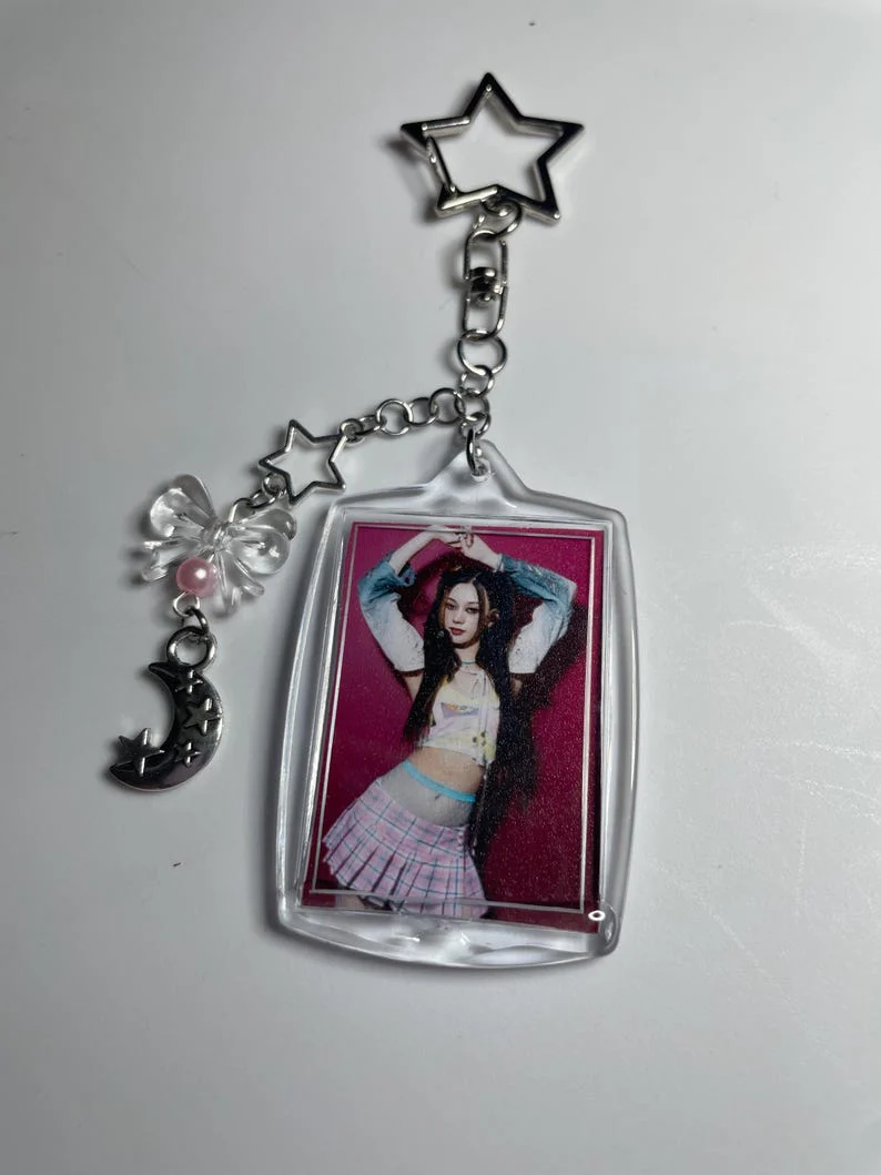 KATSEYE Kpop Bag Charm - Framed Double Sided Keychain with Silver Moon Charm and Silver Clasp - KATSEYE MERCH​