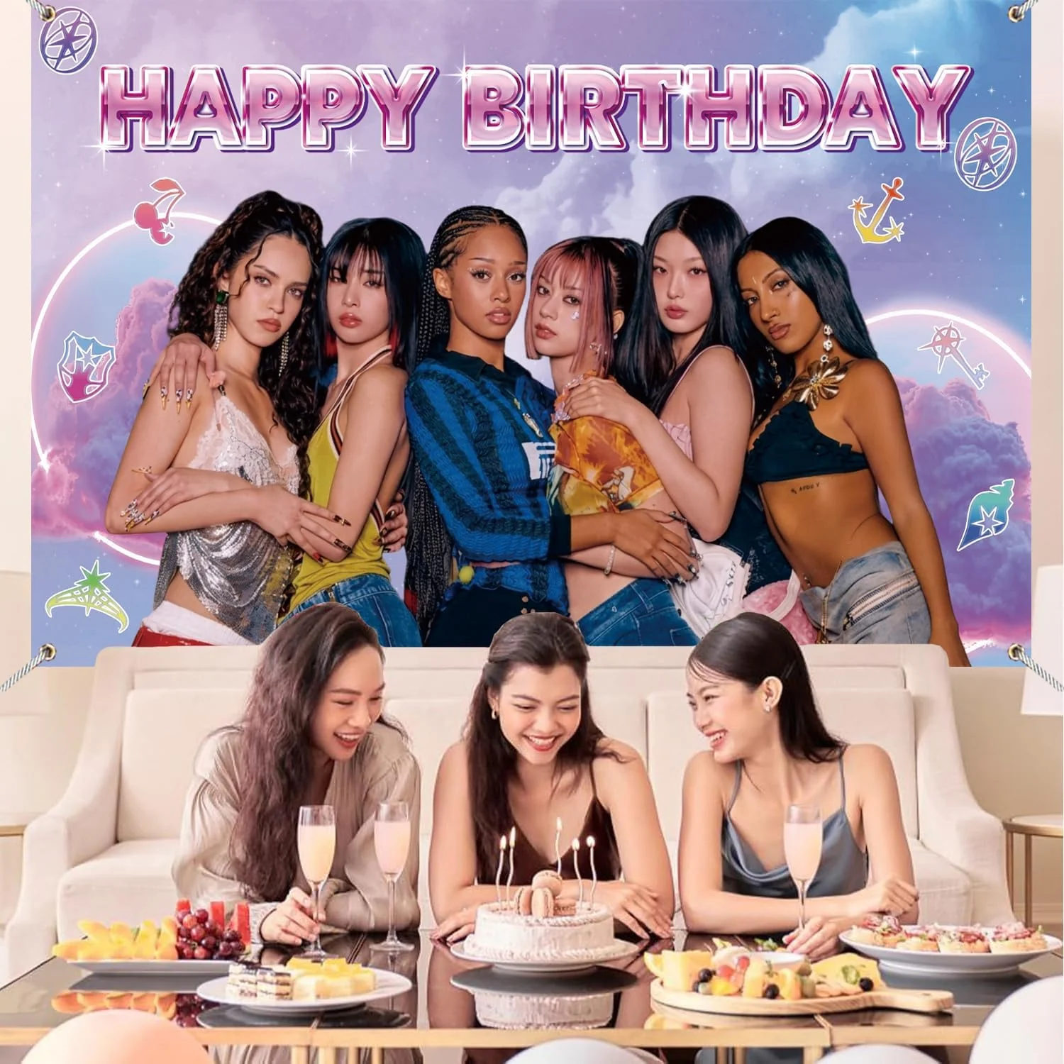 Fashion Music Birthday Backdrop Banner 5x3ft For Home Parties - KATSEYE MERCH​