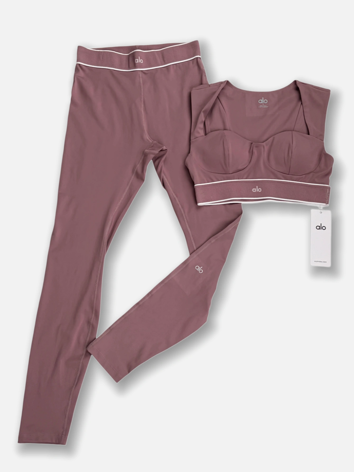 Dusty Mauve Striped Trim Yoga Set Women High Waist Leggings Padded Sports Bra 2 Piece Workout Outfit Athletic Activewear Suit - Lulualo