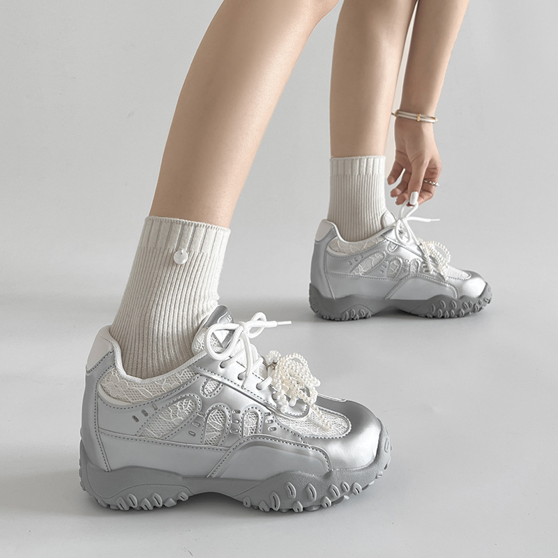 Pearl Lace-up Casual Versatile Thick-soled German Training Shoes For Women's Spring And Autumn Lightweight Height-enhancing Forrest Gump Sports Shoes