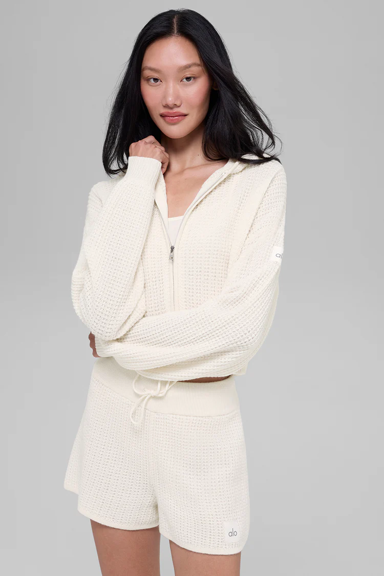 alo Cashmere Plush Waffle Full Zip Hoodie+Short Suit - Lulualo