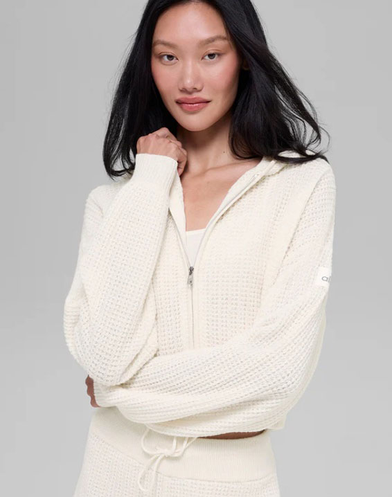 Alo Cashmere Plush Waffle Full Zip Hoodie - Lulualo