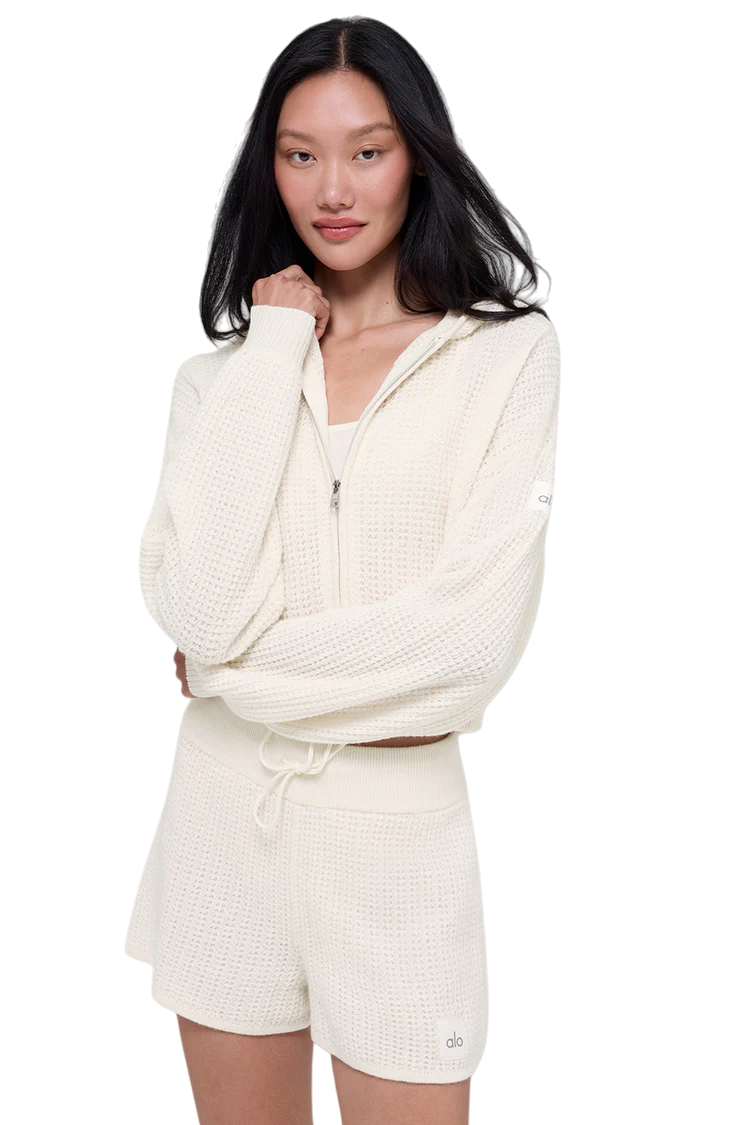 alo Cashmere Plush Waffle Full Zip Hoodie+Short Suit - Lulualo