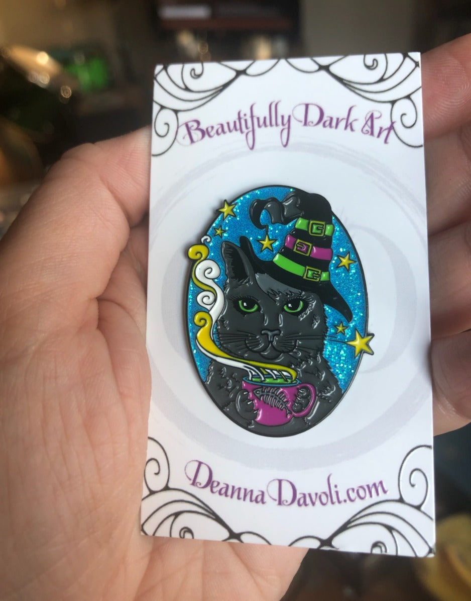Cat Witch glitter enamel pin