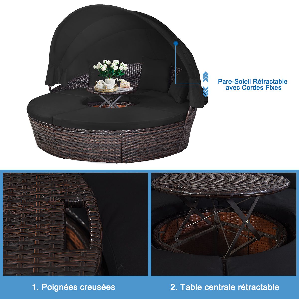 Lit de Jardin Rond d'Exterieur Table Relevable Modulable & Convertible - Pare Soleil Réglable rotin PE Coussins Inclus  Noir