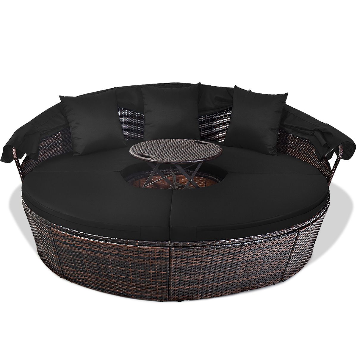 Lit de Jardin Rond d'Exterieur Table Relevable Modulable & Convertible - Pare Soleil Réglable rotin PE Coussins Inclus  Noir