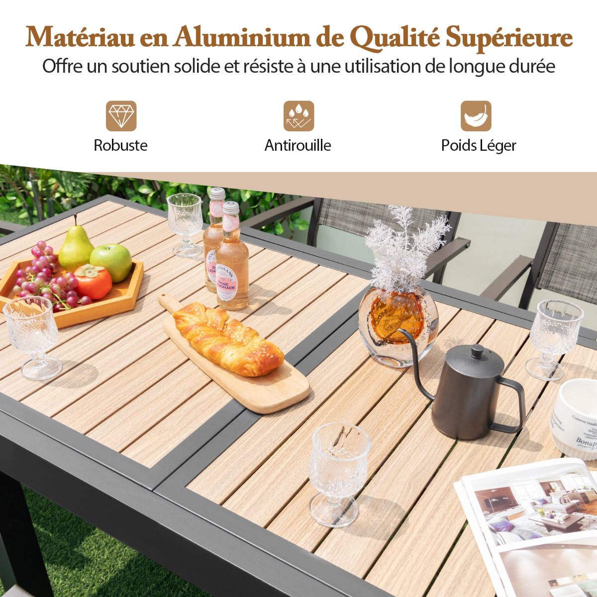 Table de Jardin Extensible en Aluminium Ajustable de 80 à 160 CM Table à Manger Extérieure Rectangulaire pour 4-6 Personnes Naturel