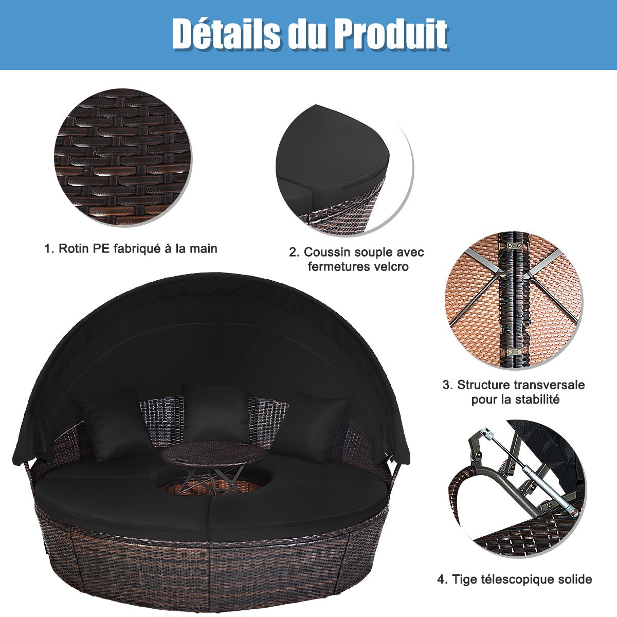 Lit de Jardin Rond d'Exterieur Table Relevable Modulable & Convertible - Pare Soleil Réglable rotin PE Coussins Inclus  Noir