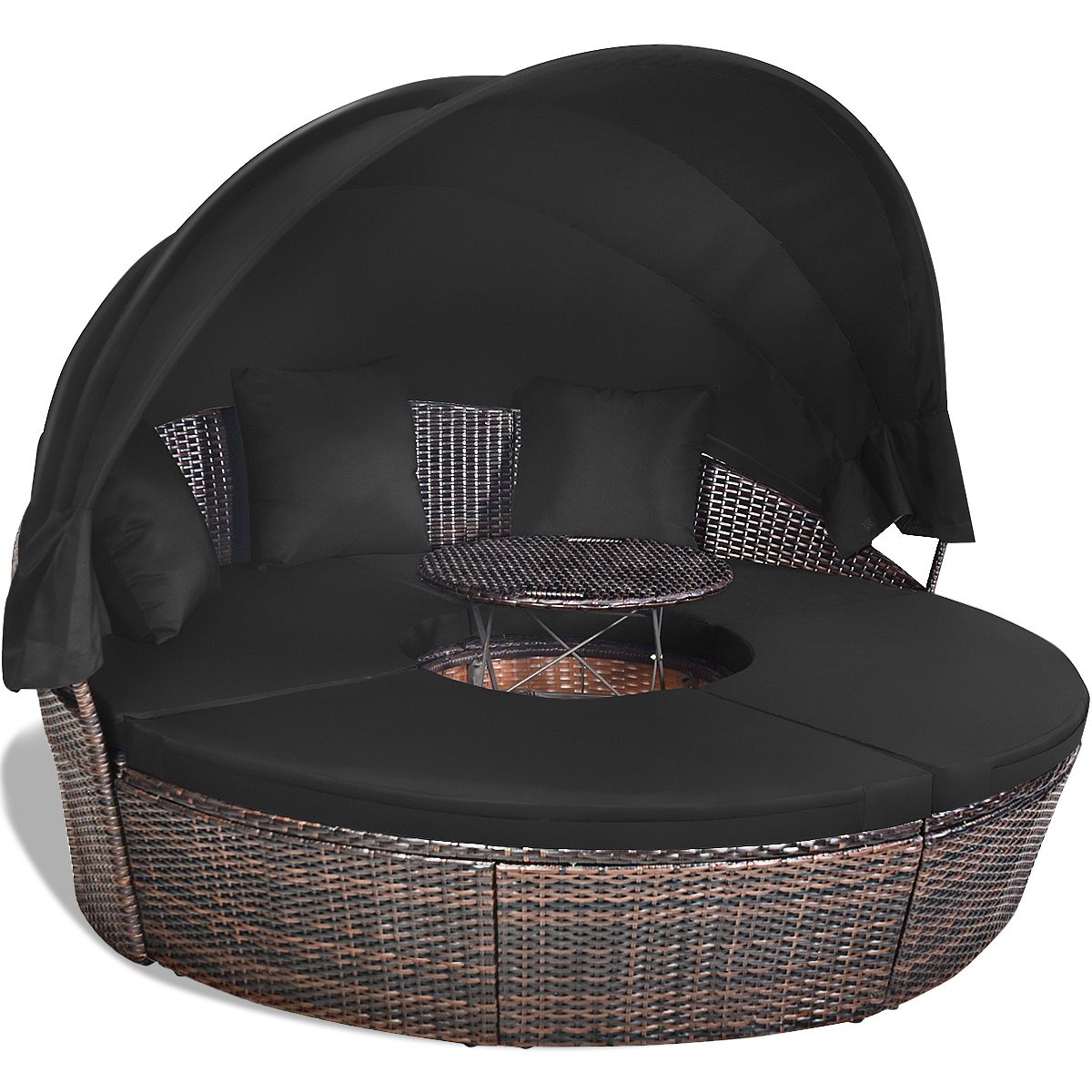 Lit de Jardin Rond d'Exterieur Table Relevable Modulable & Convertible - Pare Soleil Réglable rotin PE Coussins Inclus  Noir