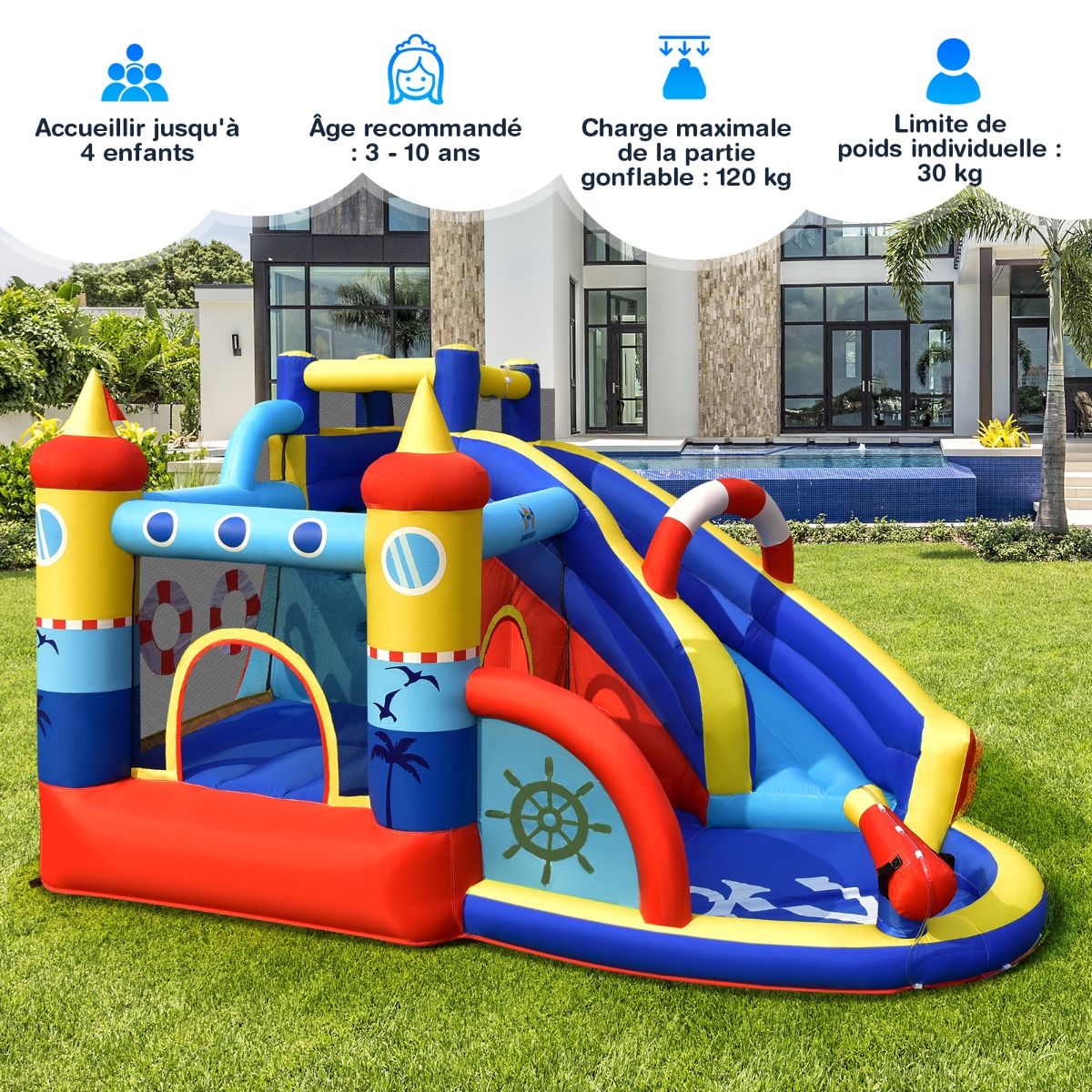 Château Gonflable Style Bateau avec Toboggan Incurvé Zone de Saut Mur d'Escalade avec Gonfleur 450 W