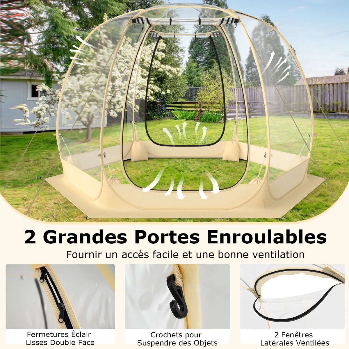 Tente Bulle à Ouverture Instantanée pour 6 à 10 Personnes Tente Dôme d'Extérieur 328 x 328 cm Résistante Aux Intempéries Transparent