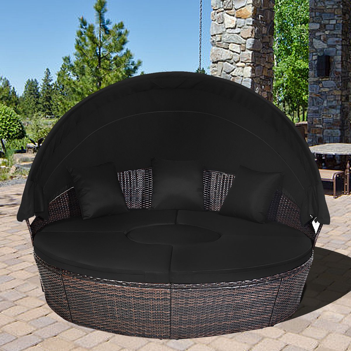 Lit de Jardin Rond d'Exterieur Table Relevable Modulable & Convertible - Pare Soleil Réglable rotin PE Coussins Inclus  Noir