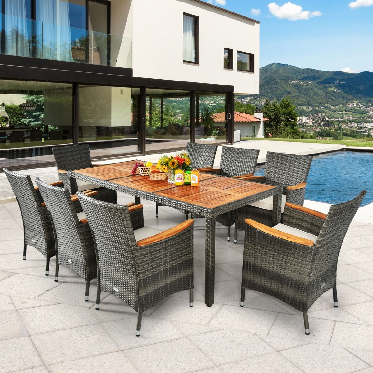 Salon de Jardin avec 1 Table et 8 Chaises en Bois et Rotin Synthétique Anti-UV Pieds Réglables et Coussins Imperméables Inclus