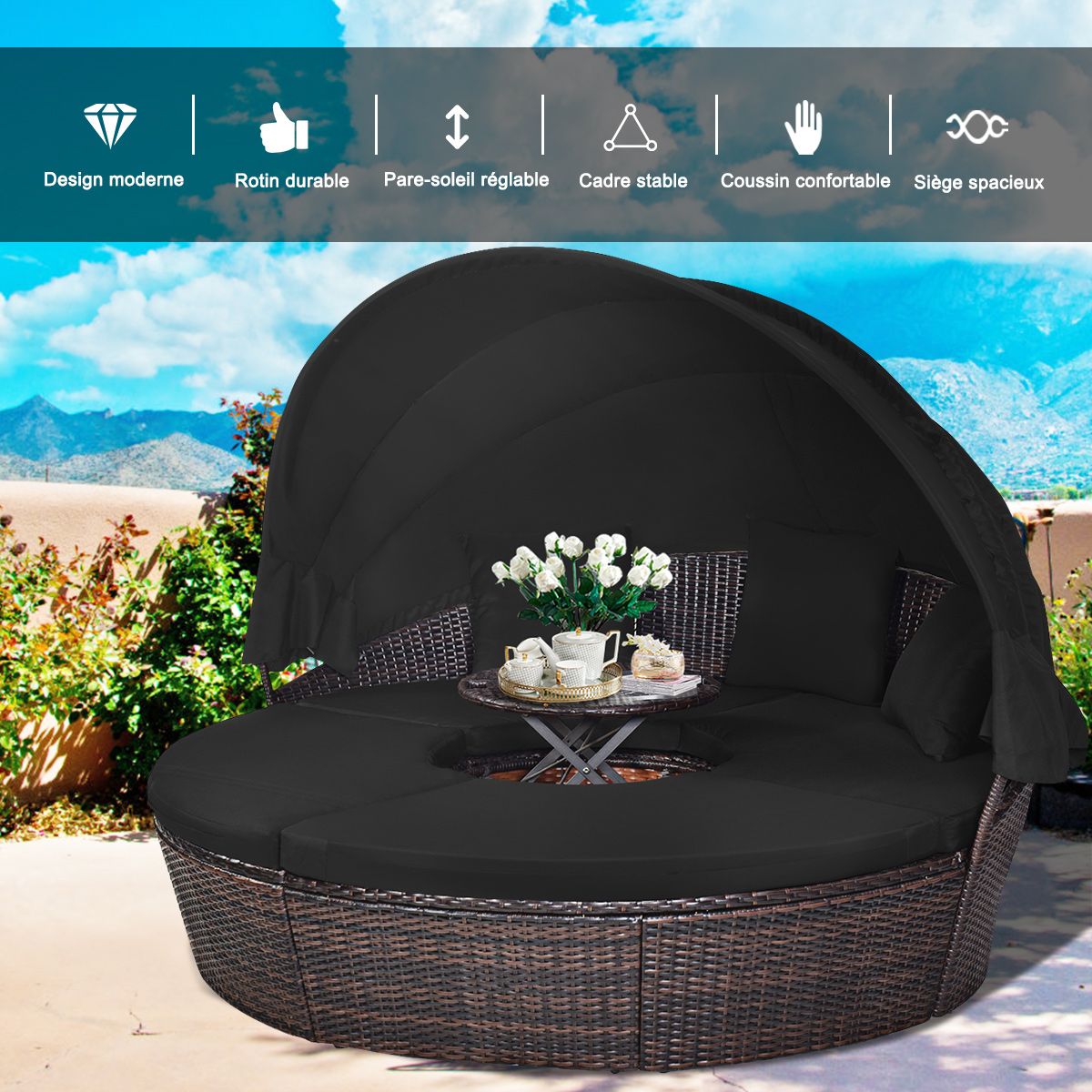 Lit de Jardin Rond d'Exterieur Table Relevable Modulable & Convertible - Pare Soleil Réglable rotin PE Coussins Inclus  Noir