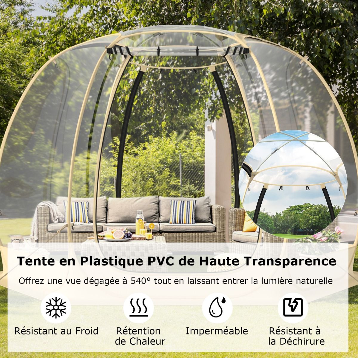 Tente Bulle à Ouverture Instantanée pour 6 à 10 Personnes Tente Dôme d'Extérieur 328 x 328 cm Résistante Aux Intempéries Transparent