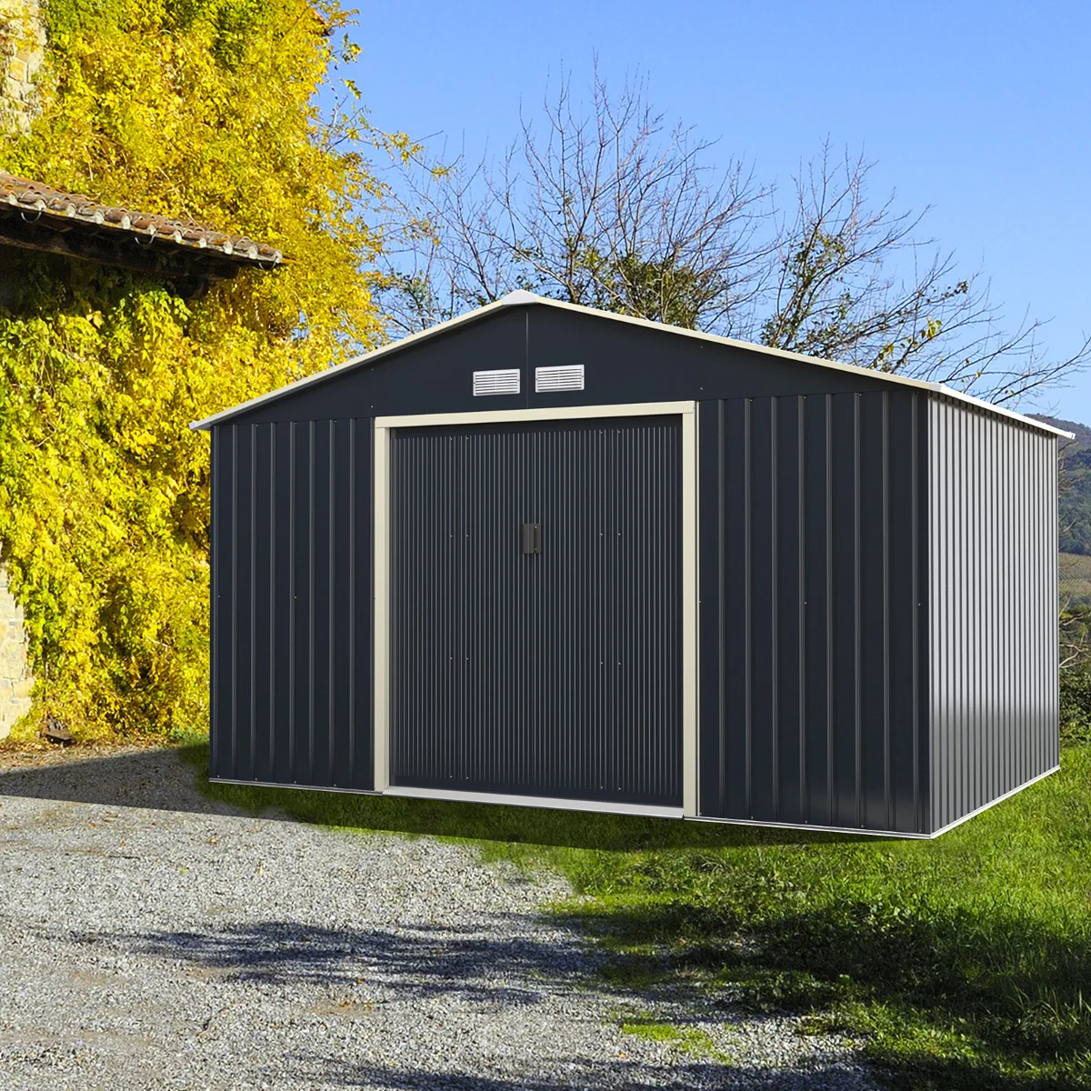Abri de jardin en métal 8,67 ㎡ 340 x 255 x 210 cm avec 2 portes coulissantes verrouillables 4 trous d’aération gris pour vélo 20_0005483