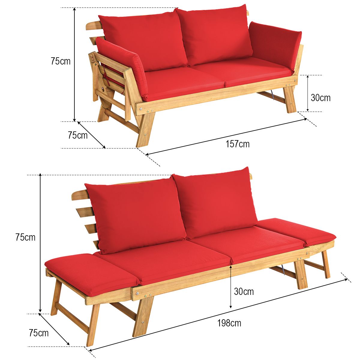 Chaise Longue Convertible avec Coussin Canapé de Jardin 2 en 1 en Bois d’Acacia avec Accoudoir Réglable pour Patio Piscine Jardin Blanc/Gris/Bleu/Rouge