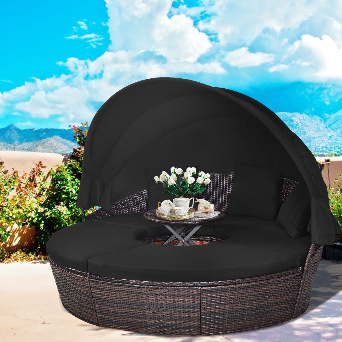 Lit de Jardin Rond d'Exterieur Table Relevable Modulable & Convertible - Pare Soleil Réglable rotin PE Coussins Inclus  Noir