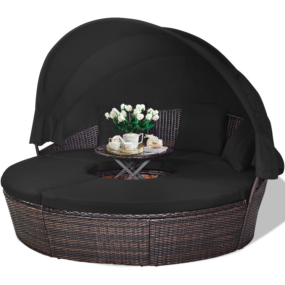 Lit de Jardin Rond d'Exterieur Table Relevable Modulable & Convertible - Pare Soleil Réglable rotin PE Coussins Inclus  Noir