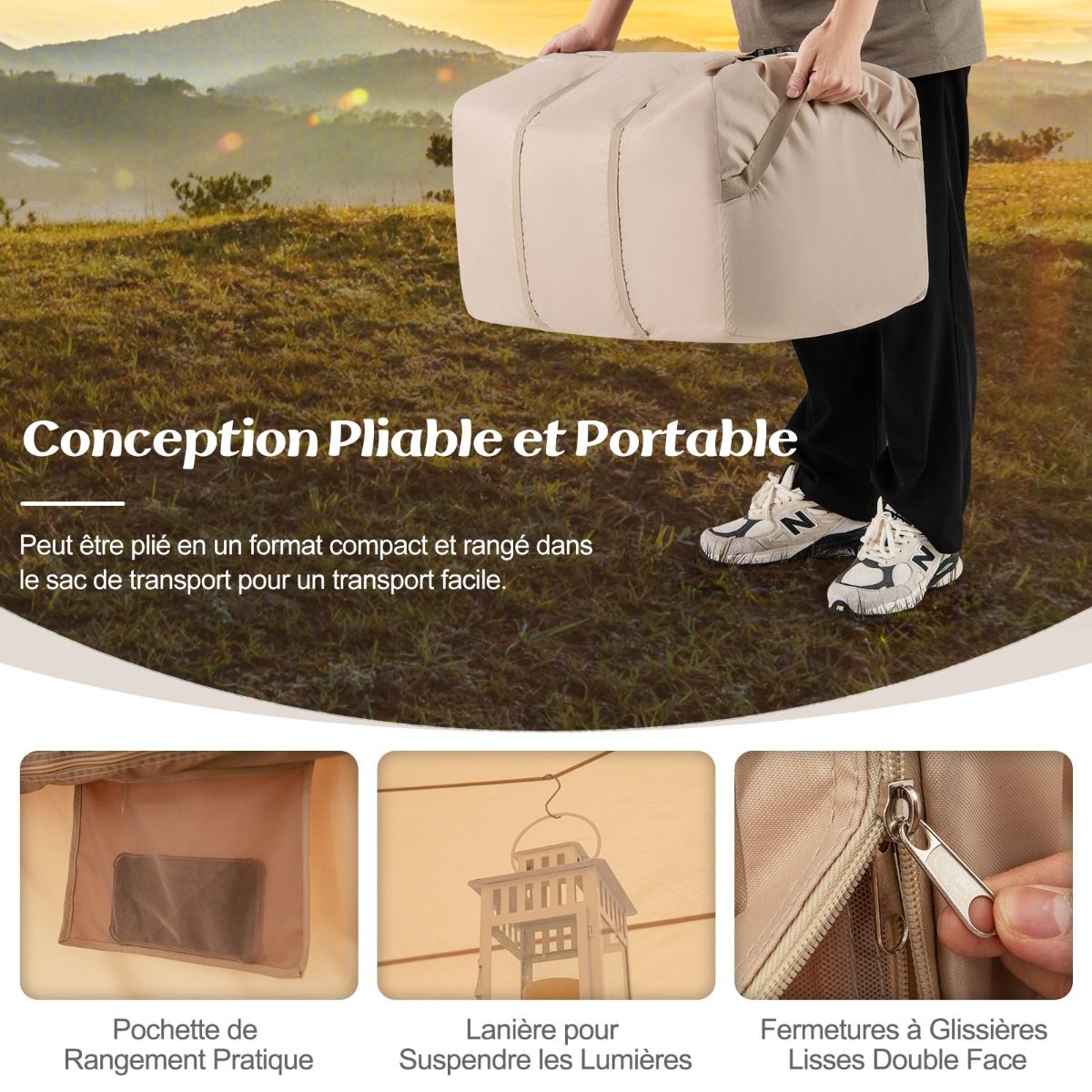 Tente de Camping Gonflable 6 m² pour 4-6 Personnes Tente en Coton Coupe-vent et Imperméable avec Pompe 7 Fenêtres à Moustiquaire Beige