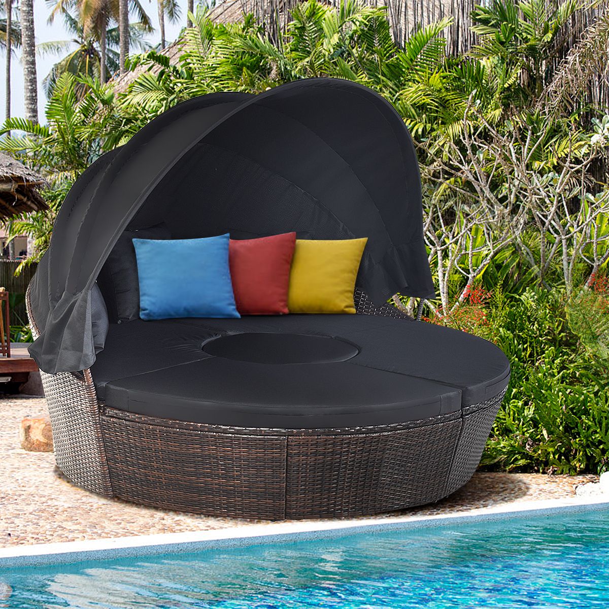 Lit de Jardin Rond d'Exterieur Table Relevable Modulable & Convertible - Pare Soleil Réglable rotin PE Coussins Inclus  Noir